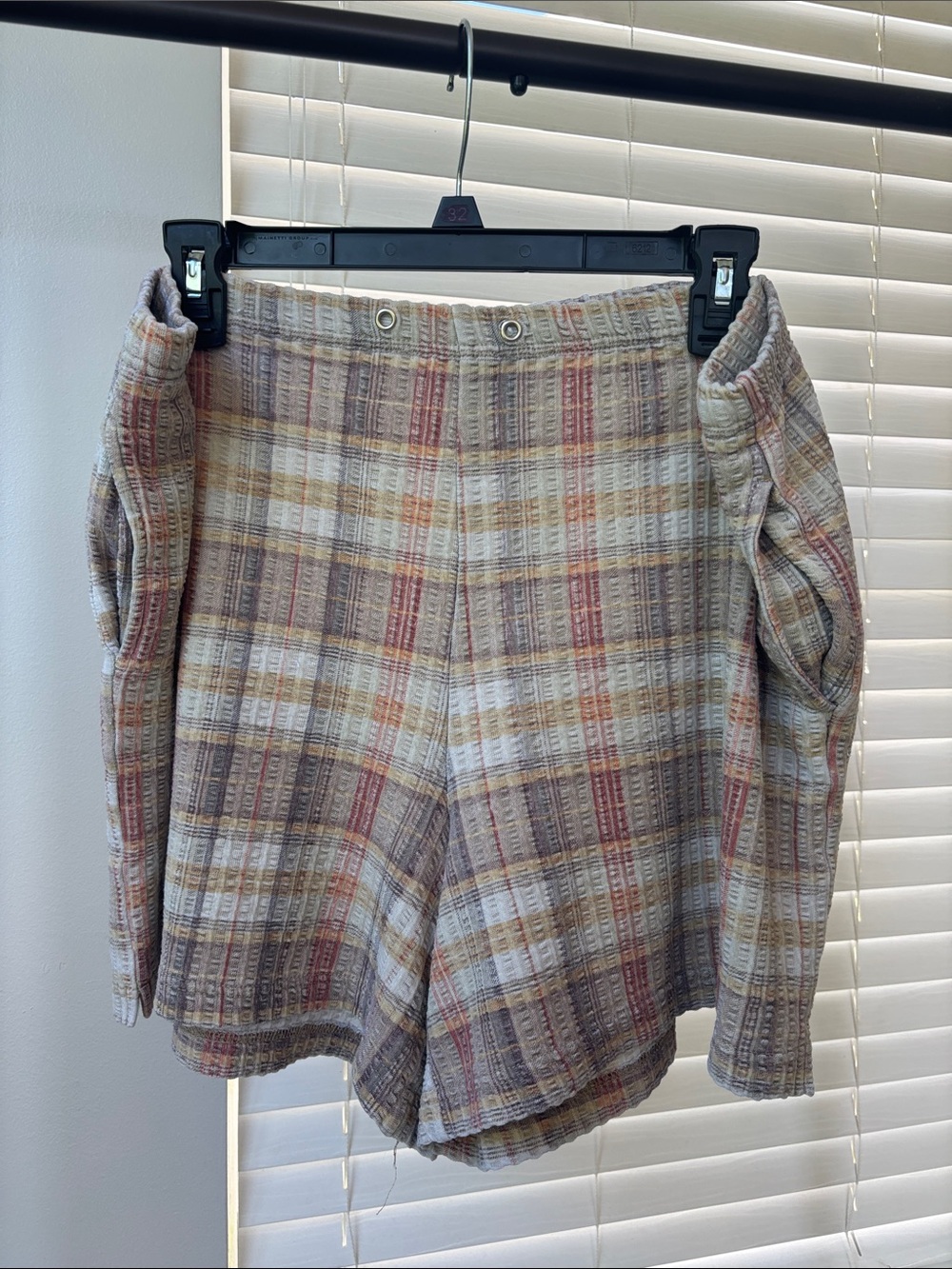 New York & Company Plaid Ribbed Knit Pajama Shorts in Cream, Tan, Brown & Rust